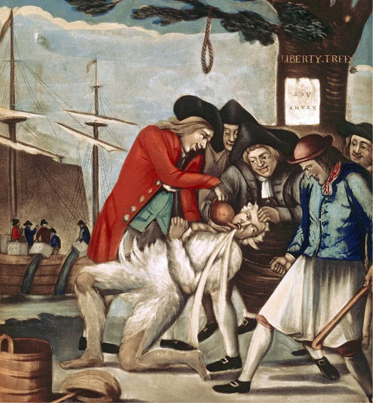 A painting shows five Patriots tarring and feathering the Commissioner of Customs, John Malcolm. One Patriot forcibly pours tea from a teapot into Malcolm’s mouth. In the background, the Boston Tea Party and the Liberty Tree are visible. On the Liberty Tree hangs an upside-down paper labeled “Stamp Act.”