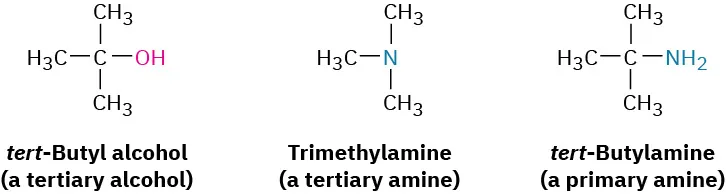 Three structures show tertiary-butyl alcohol (a tertiary alcohol), trimethylamine (a tertiary amine) and tertiary butyl amine (a primary amine).