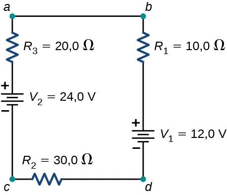 La figura muestra el terminal positivo de la fuente de voltaje V subíndice 2 de 24 V conectado en serie al resistor R subíndice 3 de 20 Ω conectado en serie al resistor R subíndice 1 de 10 Ω conectado en serie al terminal positivo de la fuente de voltaje V subíndice 1 de 12 V conectado en serie al resistor R subíndice 2 de 30 Ω.