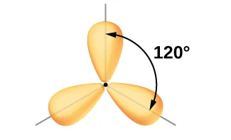 Se muestran tres orbitales en forma de globo que se conectan entre sí cerca de sus extremos más estrechos en un plano. El ángulo entre un par de lóbulos se denomina "120 grados"