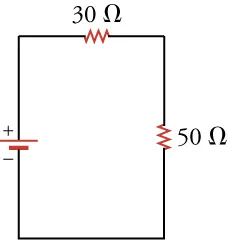 The figure shows a rectangular circuit with a battery and two resistors connected in series. The battery is located on the left-hand segment of the circuit, a 30-ohm resistor is located on the upper segment, and a 50-ohm resistor is located on the right-hand segment of the circuit.