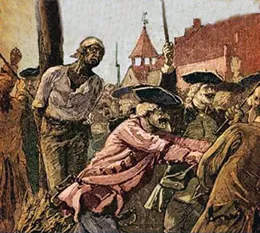 An illustration shows a Black man tied to a stake with kindling aflame at his feet; White soldiers holding guns push back a watching crowd.