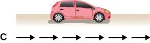The diagram shows red car facing right in a road. Below the car is a C with six arrows pointing to the right. The arrows are all the same as the shortest size of the arrows in row A and B.