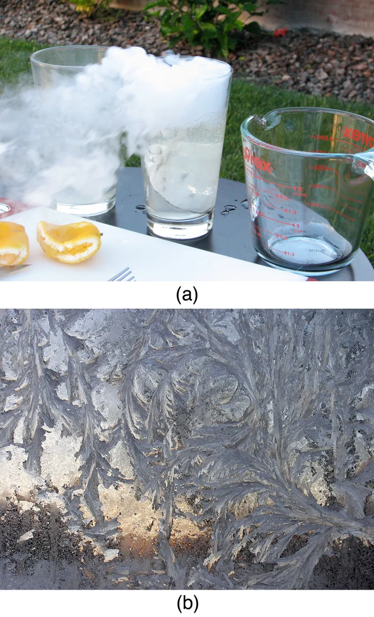 Figure a shows vapors flowing out from the middle of three glasses placed adjacently on a table. This glass contains a piece of dry ice in lemonade. Two squeezed lemon slices are also seen alongside the glasses. Figure b shows frost patterns formed on a window pane.