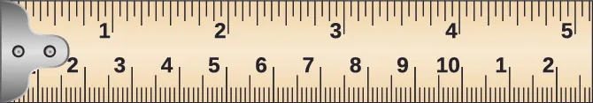 A picture of a portion of a tape measure is shown. The top shows the numbers 1 through 5. The portion from the beginning to the 1 has a red circle and an arrow to a picture from 0 to 1 inch, with 1 sixteenth, 1 eighth, 3 eighths, 1 half, and 3 fourths labeled. Above this, it is labeled “Standard Measures.” The bottom of the tape measure shows the numbers 1 through 10, then 1 and 2. The region from the edge to about 3 and a half has a red circle with an arrow pointing to a picture from 0 to 3.5. It is labeled 0, 1 cm, 1.7 cm, 2.3 cm and 3.5 cm. Above this, it is labeled “Metric (S).”