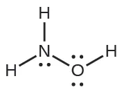Una estructura de Lewis muestra un átomo de nitrógeno con un par solitario de electrones unido con enlace simple a dos átomos de hidrógeno y a un átomo de oxígeno que tiene dos pares solitarios de electrones. El átomo de oxígeno está unido con enlace simple a un átomo de hidrógeno.