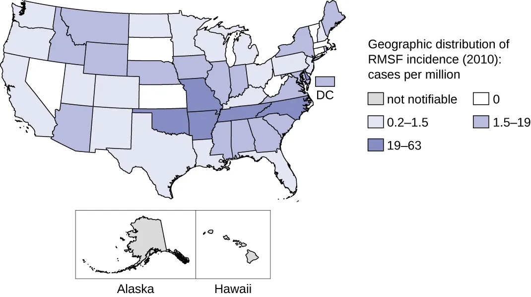 Map of geographic distribution of RMS incidence in 2010; cases per millions. Not notifiable in Alaska and Hawaii. 0 in: NV, SD, NE, WV, VT, MA. 0.2 – 1.5 in WA, OR, CA, UT, CO, NM, TX, ND, MN, WI, MI, OH, PA, LI, FL, LA, KY. 1.9 – 19 in ID, MT, WY, NE, IA, IL, IN, AZ, MS, AL, GA, SC, VA, DC. 19 – 63 in OK, MO, AR, TN, NC