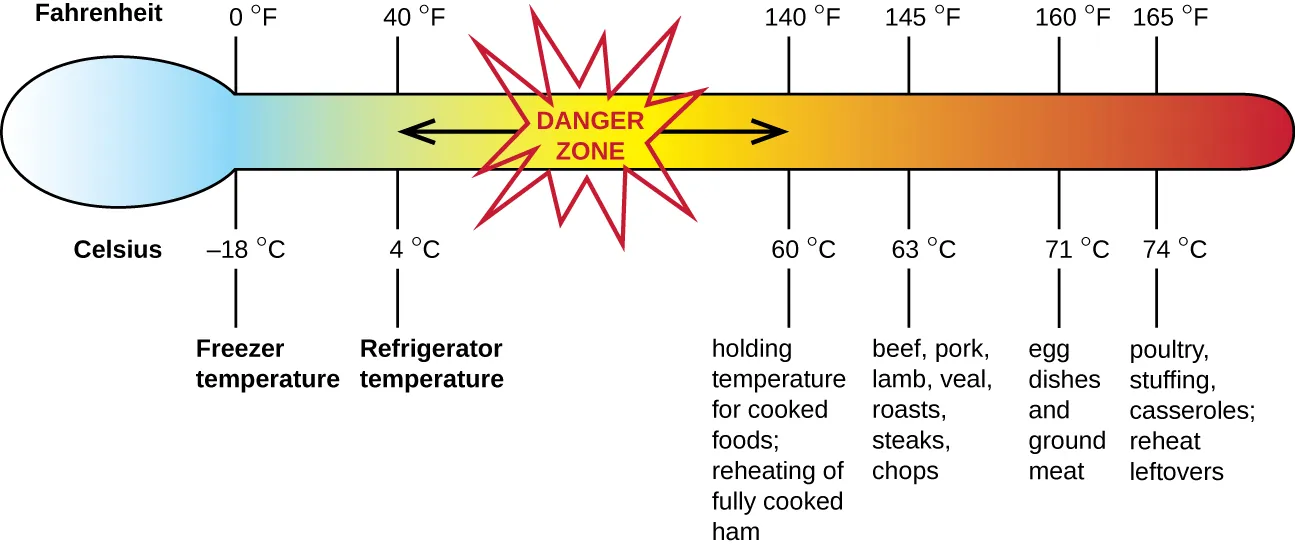 This figure shows a large thermometer with Fahrenheit and Celsius marks for freezer temperature, refrigerator temperature, safe holding temperature for cooked foods, and safe internal cooking temperatures for different meets and prepared meals. The figure identifies the danger zone between refrigerator temperature of 40 degrees Fahrenheit or 4 degree Celsius and the safe holding temperature of 140 degrees Fahrenheit or 60 degrees Celsius for cooked foods. It is within this danger zone that microbial growth presents a risk for foodborne diseases.