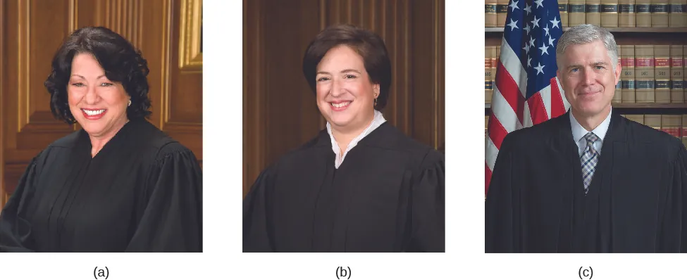 Image A is of Justice Sonia Sotomayor. Image B is of Justice Elena Kagan. Image C is of Justice Neil Gorsuch.