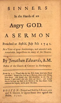 The frontispiece of Sinners in the Hands of an Angry God, A Sermon Preached at Enfield, July 8, 1741 is shown.