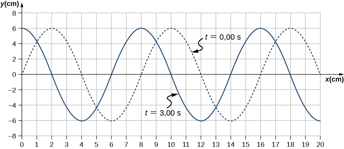 La figura muestra dos ondas transversales cuyos valores y varían de –6 cm a 6 cm. Una onda, marcada con t = 0 segundos se muestra como una línea punteada. Tiene crestas en x iguales a 2, 10 y 18 cm. La otra onda, marcada con t = 3 segundos, se muestra como una línea sólida. Tiene crestas en x iguales a 0, 8 y 16 cm.