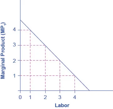 The graph shows the marginal product of labor. The x-axis is Labor, and has values from 0 through 4. The y-axis is Marginal Product (MP_1) and has values from 0 through 4. The curve proceeds downward as Labor increases. When labor is equal to 1, the Marginal Product is 4. But when Labor equals 4, the Marginal Product is 1.