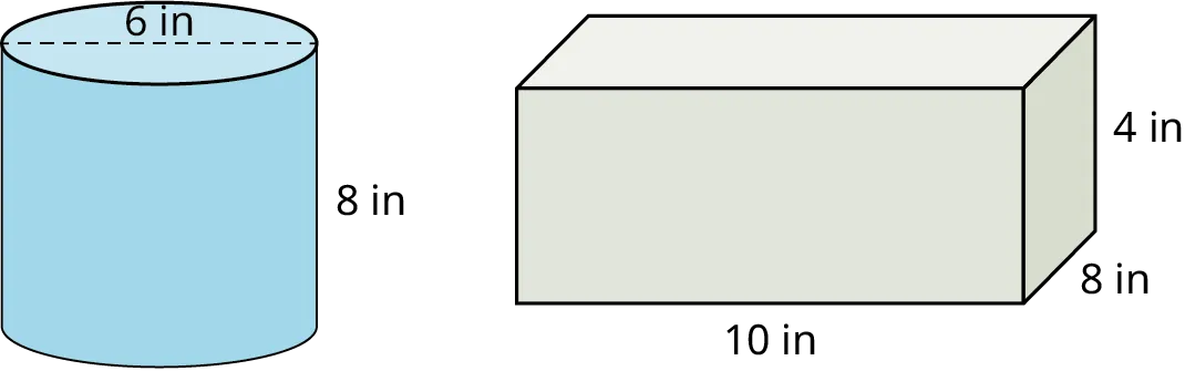 A cylinder and a prism. The diameter and height of the cylinder are marked 6 inches and 8 inches. The length, width, and height of the rectangular prism are marked 10 inches, 8 inches, and 4 inches.