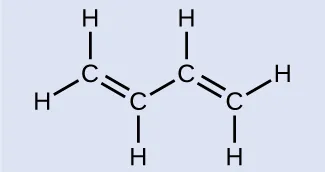 Esta figura muestra una molécula compuesta por cuatro átomos de carbono. Hay un doble enlace entre los carbonos uno y dos y tres y cuatro, mientras que un enlace simple mantiene unidos los carbonos dos y tres. Los carbonos uno y cuatro también están unidos a dos hidrógenos con un enlace simple, mientras que los carbonos dos y tres están unidos a un hidrógeno cada uno mediante un enlace simple.