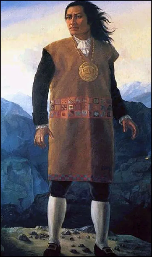 Portrait of Tupac Amaru II. Amaru has long hair. He wears a long, brown, tunic over a black jacket and knee breeches. He also wears a large medallion around his neck. Mountains are in the background.