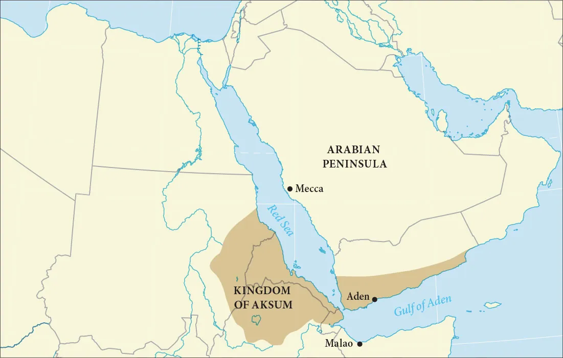 A map is shown. Land is highlighted beige and water is blue. The Red Sea is labelled in the middle between two land masses (the one on the east is labelled “Arabian Peninsula”) and the Gulf of Aden is labelled in the southeast. The city of Mecca is labelled with a black dot on the eastern shore of the Red Sea. The city of Malao is labelled in the southwest portion of the Gulf of Aden. A round area highlighted gold at the southwestern end of the Red Sea is labelled “Kingdom of Aksum.” Another thin rectangular area at the southeastern end of the Arabian Peninsula is also highlighted gold with the city of Aden labelled with a black dot within.