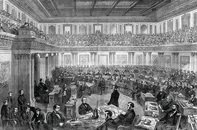 An illustration shows the House of Representatives bringing its case against President Johnson to the Senate. Representatives sort through papers, convene, and make arguments before the senators.