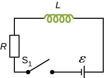 Rysunek pokazuje obwód łączący szeregowo R i L z baterią epsilon i otwartym przełącznikiem S1. 
