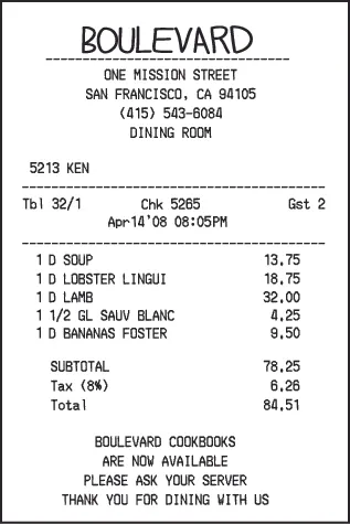 The figure shows a restaurant check with sales tax