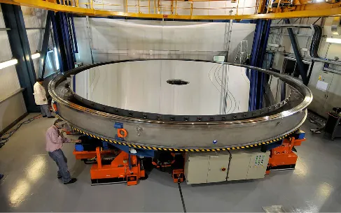 Photograph of one of the 8-meter concave primary mirrors of the European Space Agency’s Very Large Telescope array in Chile.