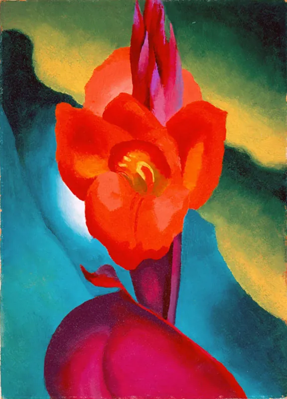 The painting “Red Canna,” 1919, was created by artist Georgia O’Keeffe.
