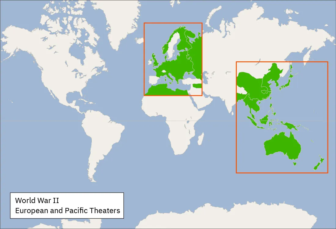A world map titled “World War II, European and Pacific Theaters” is shown. There are two red boxes enclosing shaded areas. The first box includes Europe and North Africa.      Norway, Finland, the area from France heading east to the Russian border, South from Italy to the Baltic Sea, the northern part of Africa (including Algeria, Morocco, and Tunisia), a section of western Russia, and the United Kingdom are highlighted green. The second red box includes Southeast Asia and Australia. An eastern portion of China, Japan, North and South Korea, Japan, Thailand, the Indonesian islands, the northern half of Australia, the southern part of New Guinea, a southeastern portion of China, and a small eastern portion of India are highlighted green.