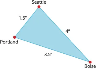 The figure is a triangle formed by Portland, Seattle, and Boise. The distance between Portland and Seattle is 1.5 inches. The distance between Seattle and Boise is 4 inches. The distance between Boise and Portland is 3.5 inches.