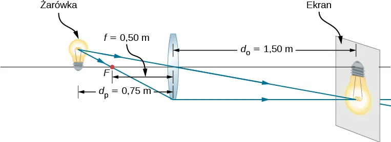 Figura przedstawia soczewkę dwuwypukłą o ogniskowej 0.5 m oraz żarówkę umieszczoną w odległości 0.75 metra przed soczewką. Odwrócony obraz żarówki powstaje na ekranie umieszczonym w odległości 1.5 m za soczewką.