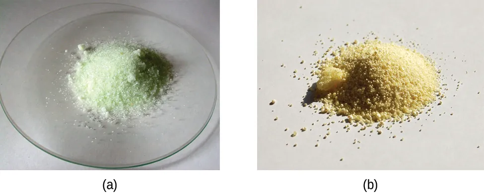 Se muestran dos fotos. La foto a de la izquierda muestra un pequeño montículo de un polvo cristalino blanco con un tinte amarillo muy tenue sobre un vidrio de reloj. La foto b muestra un pequeño montículo de un polvo cristalino de color amarillo-canela.