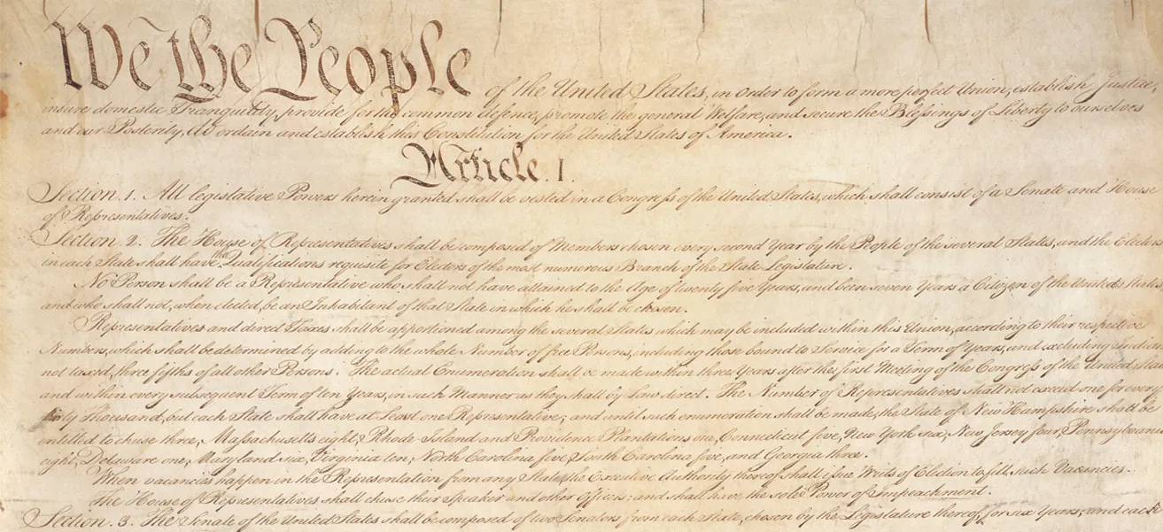A photo of the U.S. Constitution displays the headings, “We the People” and “Article I.”