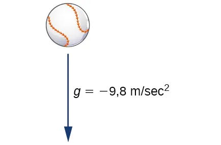Una imagen de una pelota de béisbol con una flecha por debajo apuntando hacia abajo. La flecha está marcada como g = –9,8 m/s ^ 2.