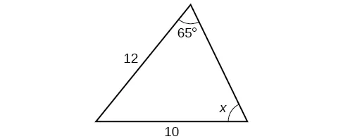 Un triángulo. Un ángulo es de 65 grados con el lado opuesto = 10. Otro ángulo es de x grados con el lado opuesto = 12.