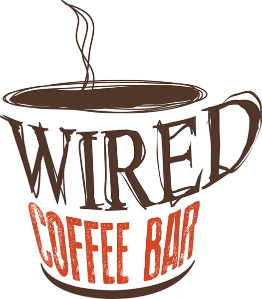 Corporate logo of the “Wired Coffee Bar” coffee shop. Depicts a cup of hot coffee, with steam vapor, and the name of the coffee shop printed on the cup in two colors.