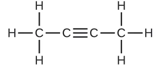 Se muestra una estructura. Hay un átomo de C que forma enlaces simples con tres átomos de H cada uno. Este átomo de C está enlazado a otro átomo de C. Este segundo átomo de C forma un triple enlace con otro átomo de C que forma un enlace simple con un cuarto átomo de C. El cuarto átomo de C forma enlaces simples con cada uno de los tres átomos de H.