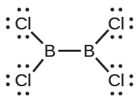 Una estructura de Lewis muestra dos átomos de boro que están unidos con enlace simple. Cada uno de ellos tiene un enlace simple con dos átomos de cloro que tienen tres pares solitarios de electrones.