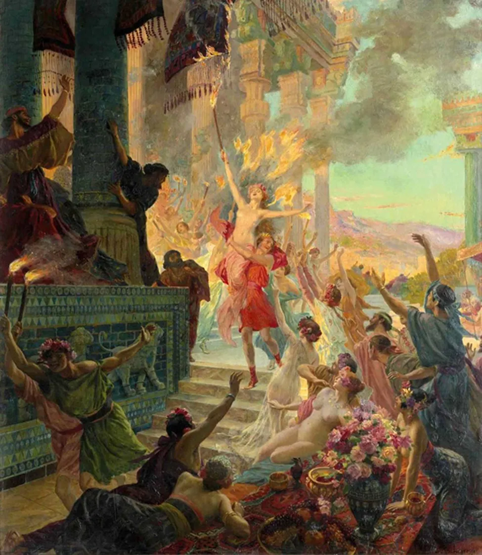 An image of a richly colorful painting is shown. In the middle of the image a figure in short red robes and red sandals stands on the top step of a staircase and holds up a woman in a pink draped cloth around her waist. Bare chested, she is raising her arms up and her right hand holds a long brown stick with red and yellow fire blazing at the top. Fire burns behind her in front of a tall white-columned structure. People can be seen behind her and the fire holding up their arms in the air and holding sticks with fire as well. In the background mountains can be seen and a bluish-green sky. In the left foreground a blue and pale green mosaic tile wall is seen with the image of a four-legged animal. Atop the wall is a round column in a dark blue with people clamoring around it with their arms raised wearing long robes. In the bottom left-hand corner, two people in short robes and flowers in their hair run to the left with a stick of fire in one raised hand. In the right corner of the image a group of figures, some in long robes, some in waistcloths, and one naked woman, are seen looking at the two figures at the top of the steps. Their arms are raised to them. Across the bottom of the image is a richly decorated red rug with a large vase of flowers in all shapes of red and pink. Two figures lay at the left of the rug, one with their arm raised toward the middle.