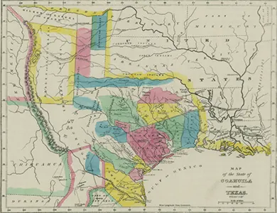 A historical map, entitled “Map of Coahuila and Texas in 1833,” indicates the borders of the various land grants Mexico made to American settlers.