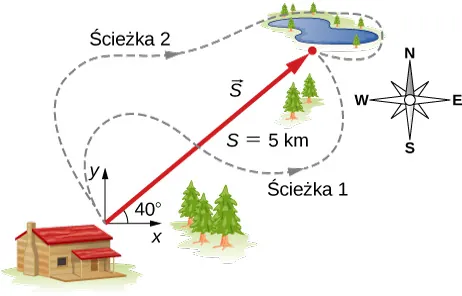 Północ znajduje się u góry rysunku, wschód po jego prawej stronie. Na rysunku przedstawione jest schronisko i jezioro. Początek dwuwymiarowego układu współrzędnych kartezjańskich znajduje się w pobliżu schroniska. Oś x ma zwrot na wschód, oś y na północ. Czerwony wektor S prowadzi od schroniska do jeziora. Jego moduł jest równy S = 5,0 kilometrów. Wektor ten nachylony jest do dodatniego kierunku osi x pod kątem 40 stopni. Dwie kręte ścieżki, ścieżka 1 oraz ścieżka 2, narysowane za pomocą linii przerywanej, prowadzą od schroniska do jeziora.