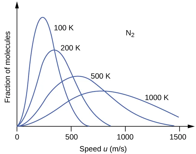 A graph with four positively or right-skewed curves of varying heights is shown. The horizontal axis is labeled, “Speed u ( m divided by s ).” This axis is marked by increments of 500 beginning at 0 and extending up to 1500. The vertical axis is labeled, “Fraction of molecules.” The label, “N subscript 2,” appears in the open space in the upper right area of the graph. The tallest and narrowest of these curves is labeled, “100 K.” Its right end appears to touch the horizontal axis around 700 m per s. It is followed by a slightly wider curve which is labeled, “200 K,” that is about three quarters of the height of the initial curve. Its right end appears to touch the horizontal axis around 850 m per s. The third curve is significantly wider and only about half the height of the initial curve. It is labeled, “500 K.” Its right end appears to touch the horizontal axis around 1450 m per s. The final curve is only about one third the height of the initial curve. It is much wider than the others, so much so that its right end has not yet reached the horizontal axis. This curve is labeled, “1000 K.”