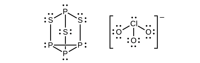 Se muestran dos estructuras de Lewis; la de la izquierda representa tres átomos de fósforo unidos con enlace simple para formar un triángulo. Cada fósforo se une a un átomo de azufre mediante un enlace simple vertical y cada uno de esos átomos de azufre se une a un único átomo de fósforo, de modo que se crea un anillo de seis lados con un azufre en el centro. Cada átomo de azufre en esta estructura tiene dos pares solitarios de electrones mientras que cada fósforo tiene un par solitario. La segunda estructura de Lewis muestra un átomo de cloro con un par solitario de electrones unido con enlace simple a tres átomos de oxígeno, cada uno de los cuales tiene tres pares solitarios de electrones.