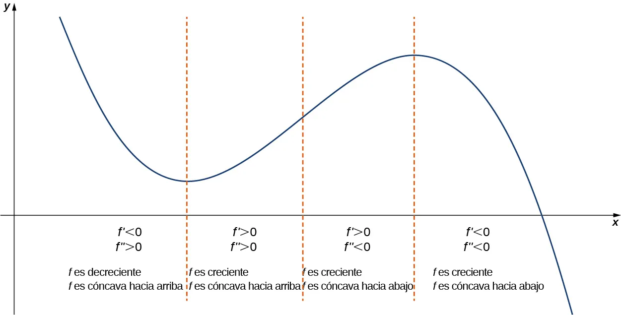 Se grafica una función en el primer cuadrante. Este está dividido en cuatro secciones, con secciones en el mínimo local, el punto de inflexión y el máximo local, respectivamente. La primera sección es decreciente y cóncava hacia arriba; aquí, f' < 0 y f'' > 0. La segunda sección es creciente y cóncava hacia arriba; aquí, f' > 0 y f'' > 0. La tercera sección es creciente y cóncava hacia abajo; aquí, f' > 0 y f'' < 0. La cuarta sección es creciente y cóncava hacia abajo; aquí, f' < 0 y f'' < 0.