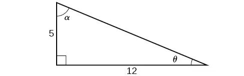 Imagen de un triángulo rectángulo. La base tiene una longitud de 12 y altura de 5. El ángulo entre la base y la altura es de 90 grados, el ángulo entre la base y la hipotenusa es theta, y el ángulo entre la altura y la hipotenusa es alfa grados.