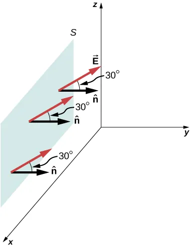 A rectangular surface S is shown in the xz plane. Three arrows labeled n hat originate from three points on the surface and point in the positive y direction. Three longer arrows labeled vector E also originate from the same points. They make an angle of 30 degrees with n hat.