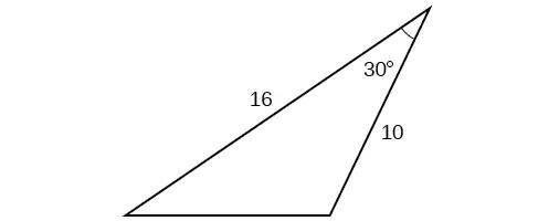 Un triángulo. Un ángulo es de 30 grados. Los dos lados adyacentes a ese ángulo son de 10 y 16.