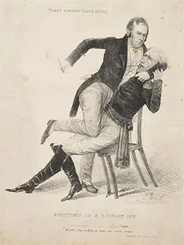 A political cartoon, titled “Symptoms of a Locked Jaw,” shows Henry Clay holding down a seated Andrew Jackson and sewing up his mouth while a paper with “Cure for calumny” written on it protrudes from his pocket. “Plain sewing done here” is written at the top of the cartoon.