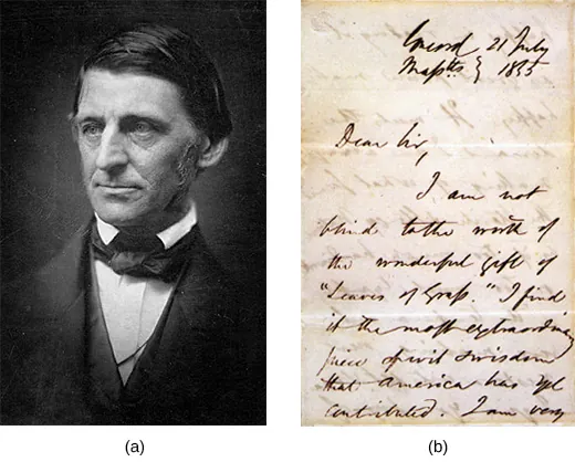 Photograph (a) is a portrait of Ralph Waldo Emerson. Document (b) is a letter from Emerson to Walt Whitman. The visible text reads “Dear Sir, I am not blind to the worth of the wonderful gift of Leaves of Grass. I find it the most extraordinary piece of wit and wisdom that America has yet contributed. I am very [remainder of the letter is not visible].”