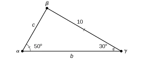 Un triángulo oblicuo con etiquetas estándar. El ángulo alfa es de 50 grados, el ángulo gamma es de 30 grados y el lado a es de longitud 10. El lado b es la base horizontal.