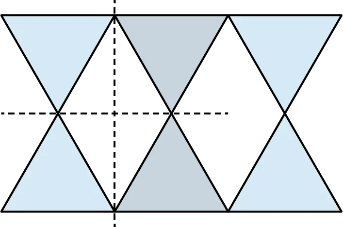 A figure made up of six triangles. The first two and last two triangles are red. The remaining two triangles are lavender. The triangles are arranged in two rows. The triangles in the top row are inverted.