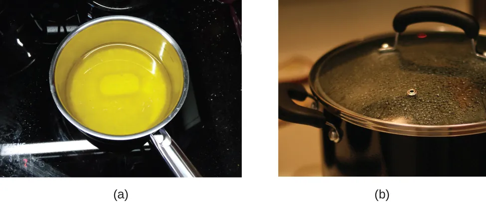 La figura A es una fotografía de la mantequilla derritiéndose en una olla sobre una estufa. La figura B es una fotografía de algo que se calienta en una estufa en una olla. Se están formando gotas de agua en la parte inferior de una tapa de cristal que se ha colocado sobre la olla.