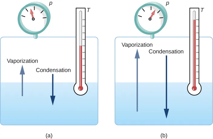Figure a shows a tank of water that is half filled. An arrow going up from the water is labeled vaporization. An arrow going down from the air within the tank to the water is labeled condensation. A pressure gauge and thermometer are attached to the tank. Figure b shows the same setup. The pressure and temperature in figure b are higher than those in figure a. The arrows indicating vaporization and condensation are also longer than those in figure a.